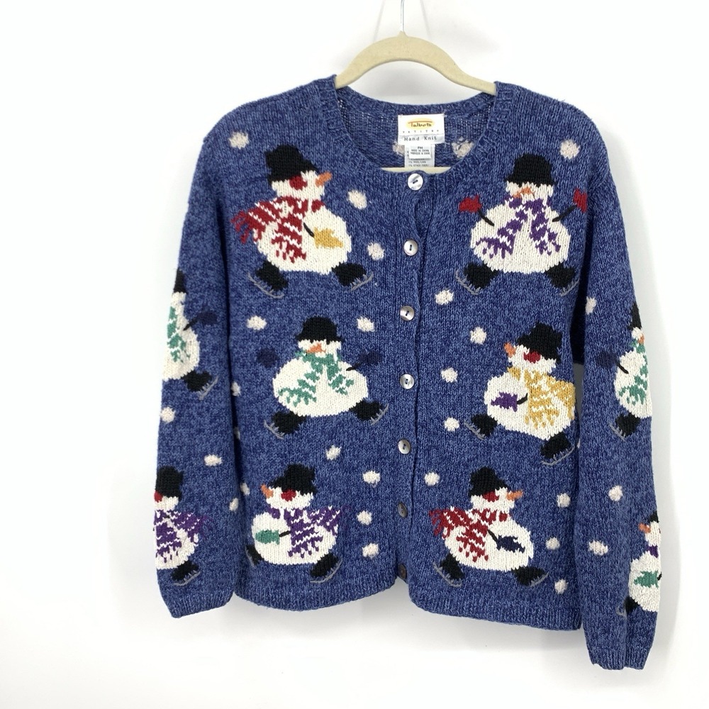 Talbots Women Size Medium Petite PM‎ Sweater Vintage 90s Snowman Cardigan Top